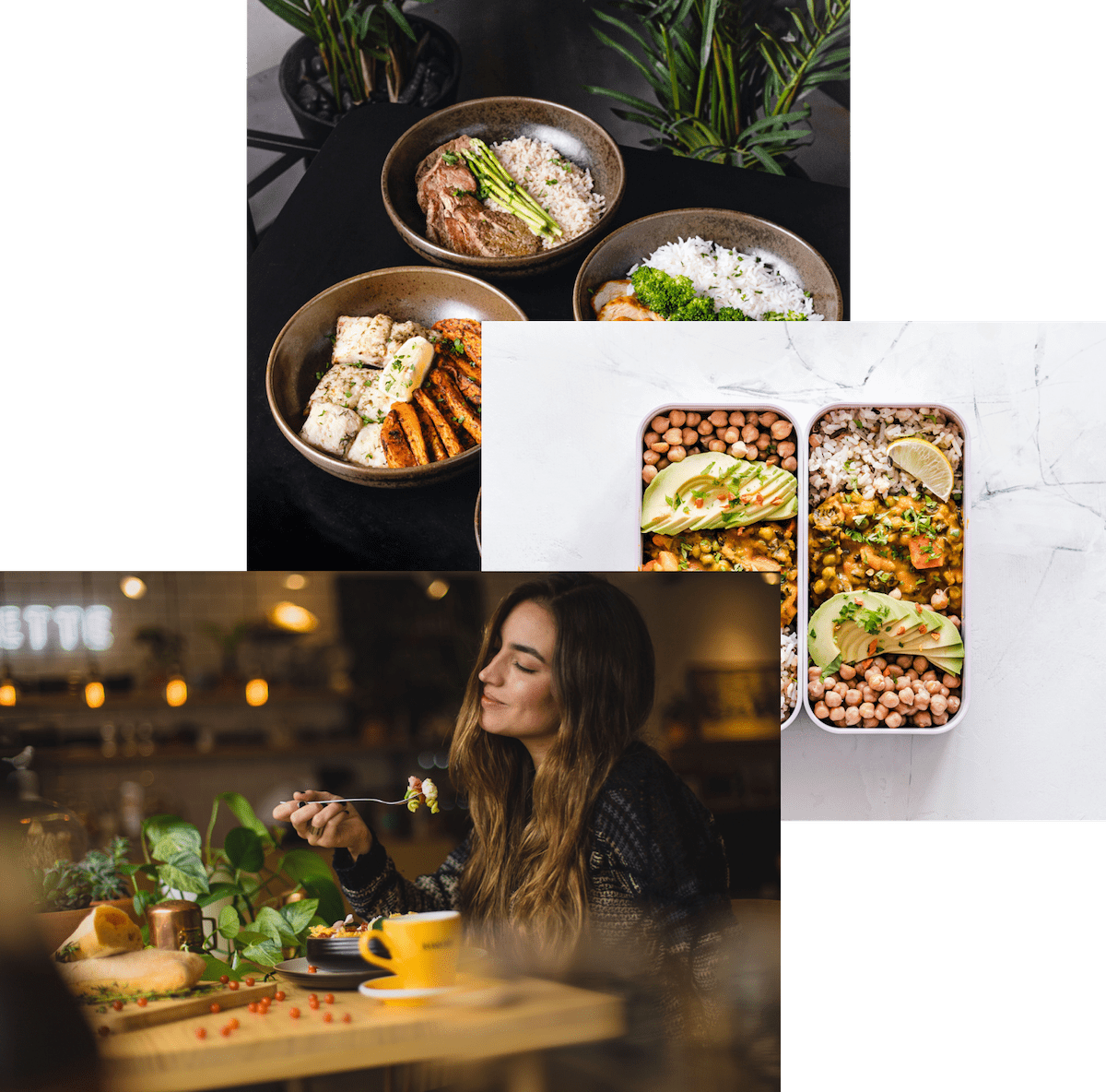 woman enjoying food,meals in a container, and food bowls on a table